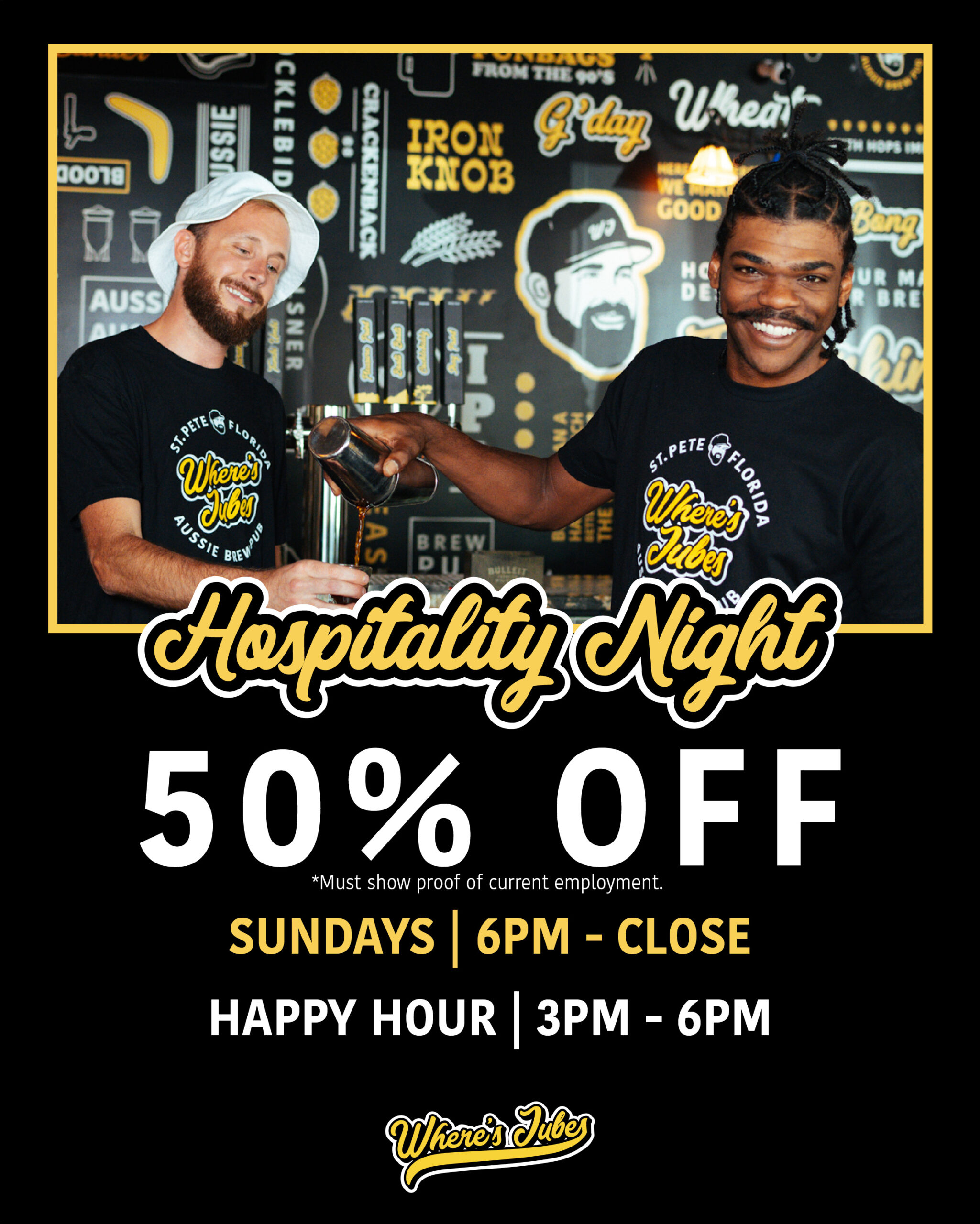 hospitality night at Where's Jubes with 50% off for service industry employees